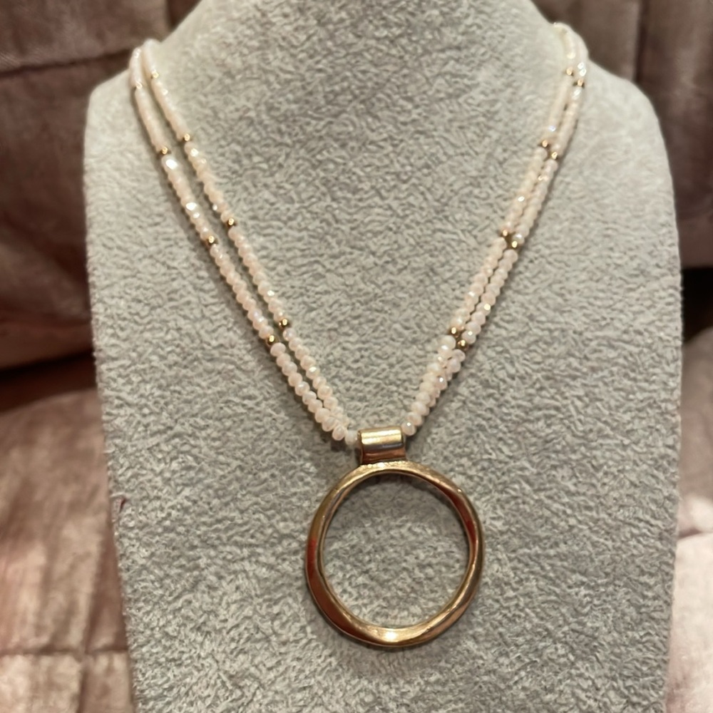 Dainty Rose Quartz Gold Keyhole Necklace Gold Balls Chain 26-28” 1 1/4” circle